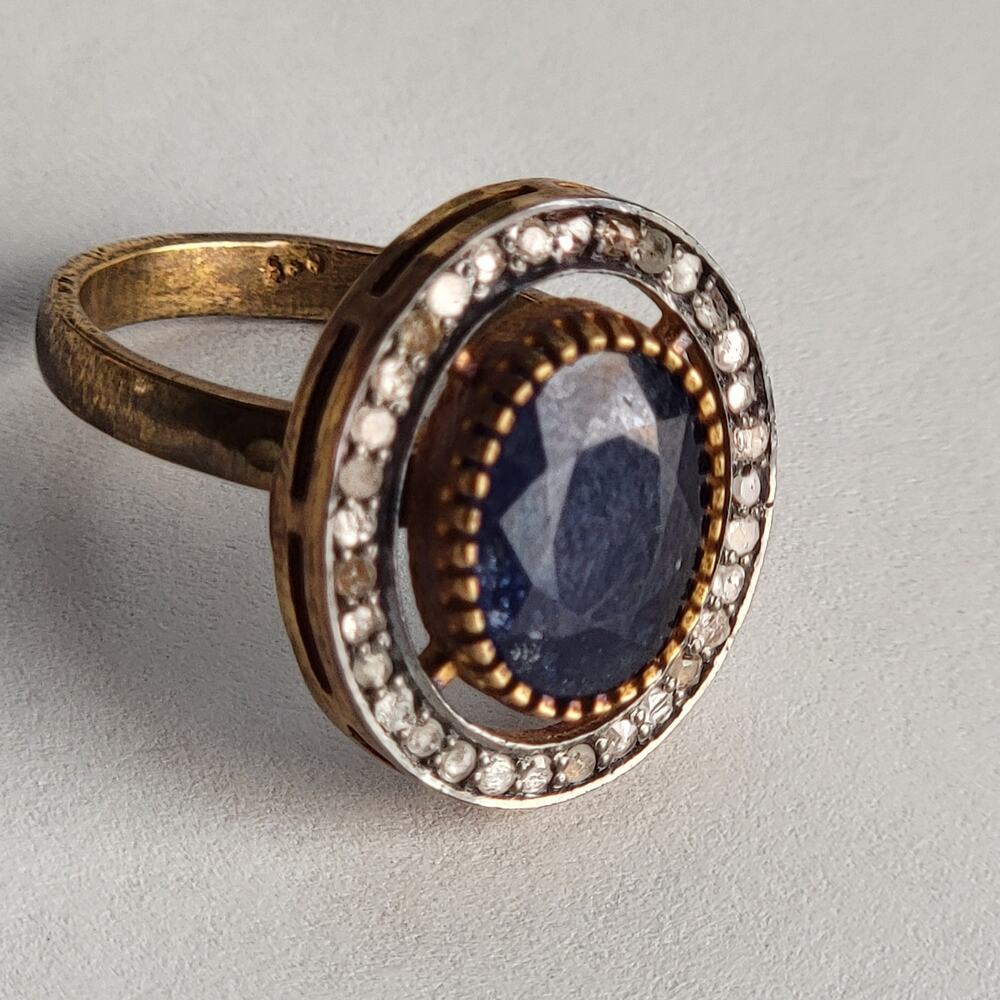 Blue Sapphire Raw Diamond Pave Ring Gold Vermeil Sterling Silver Size 7